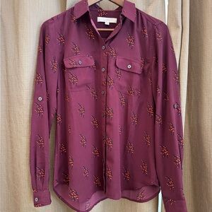 LOFT Maroon Button-Up Shirt with Red Leaf Pattern